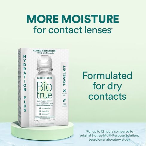 Biotrue Hydration Plus Contact Lens Solution, Multi-Purpose Solution for Soft Contact Lenses, Lens Case Included, 10 FL OZ (Pack of 2) in Kuwait