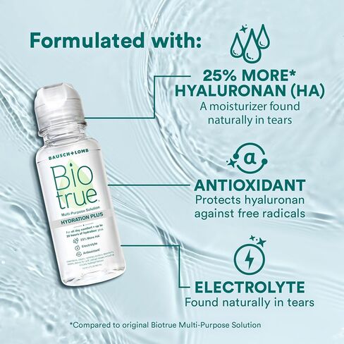 Biotrue Hydration Plus Contact Lens Solution, Multi-Purpose Solution for Soft Contact Lenses, Lens Case Included, 10 FL OZ (Pack of 2) in Kuwait