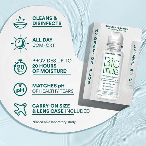 Biotrue Hydration Plus Contact Lens Solution, Multi-Purpose Solution for Soft Contact Lenses, Lens Case Included, 10 FL OZ (Pack of 2) in Kuwait