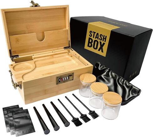 Premium Bamboo Box with Combination Lock & Handle, Home Decorative Storage Box, Large Locking Stash Box with Smell Proof Pouches, Glass Jars, Storage Bag, Tubes, Brushes as Great Gift Choice (Bamboo) in Kuwait