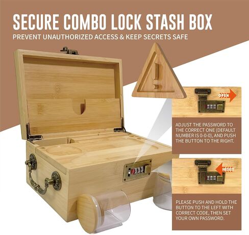 Premium Bamboo Box with Combination Lock & Handle, Home Decorative Storage Box, Large Locking Stash Box with Smell Proof Pouches, Glass Jars, Storage Bag, Tubes, Brushes as Great Gift Choice (Bamboo) in Kuwait