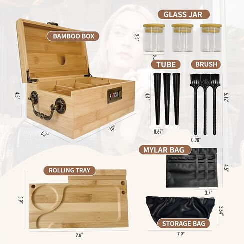 Premium Bamboo Box with Combination Lock & Handle, Home Decorative Storage Box, Large Locking Stash Box with Smell Proof Pouches, Glass Jars, Storage Bag, Tubes, Brushes as Great Gift Choice (Bamboo) in Kuwait