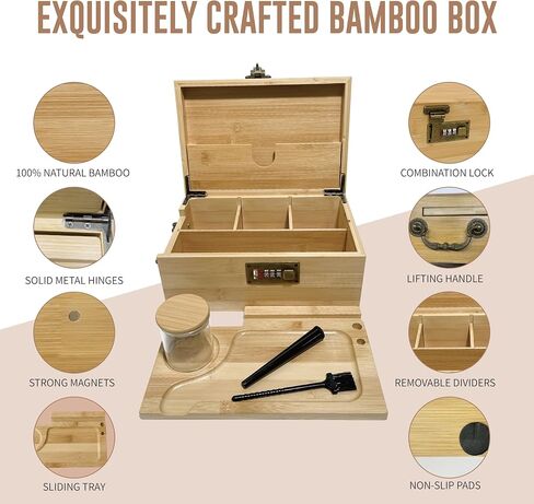 Premium Bamboo Box with Combination Lock & Handle, Home Decorative Storage Box, Large Locking Stash Box with Smell Proof Pouches, Glass Jars, Storage Bag, Tubes, Brushes as Great Gift Choice (Bamboo) in Kuwait