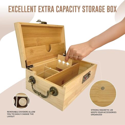 Premium Bamboo Box with Combination Lock & Handle, Home Decorative Storage Box, Large Locking Stash Box with Smell Proof Pouches, Glass Jars, Storage Bag, Tubes, Brushes as Great Gift Choice (Bamboo) in Kuwait