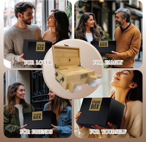 Premium Bamboo Box with Combination Lock & Handle, Home Decorative Storage Box, Large Locking Stash Box with Smell Proof Pouches, Glass Jars, Storage Bag, Tubes, Brushes as Great Gift Choice (Bamboo) in Kuwait