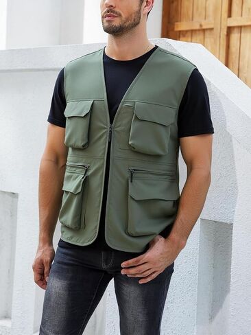 Men's Utility Fishing Vest Lightweight Outdoor Zip up Travel Work Cargo Vest Jacket with Multi Pockets in Saudi Arabia