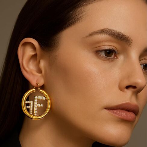 18K Gold Plated Hoop Earrings for Women Initial Letter F Earrings with Cubic Zirconia – Luxury Gold Huggie Hoops, Elegant Gift for Her, Stylish Statement Jewelry for Daily & Party Wear in Saudi Arabia