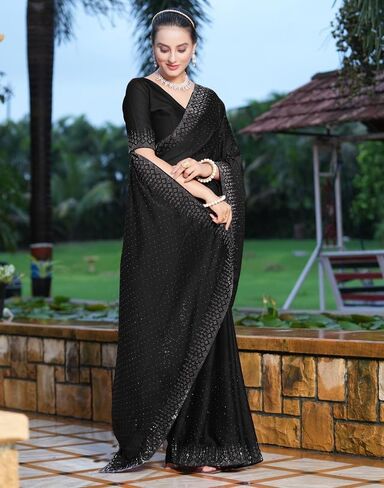 Women's Georgette Dyed & Hot Fixing Saree with Unstitched Blouse Piece in Kuwait