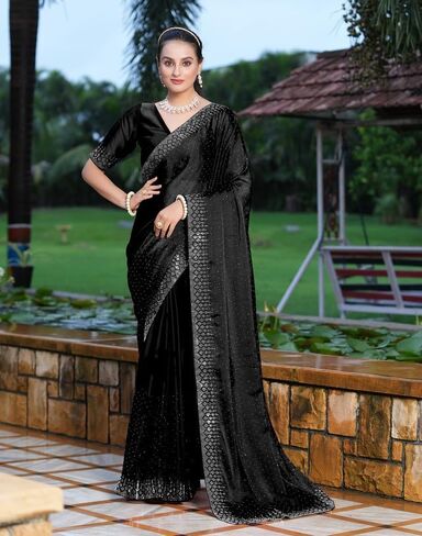 Women's Georgette Dyed & Hot Fixing Saree with Unstitched Blouse Piece in Kuwait