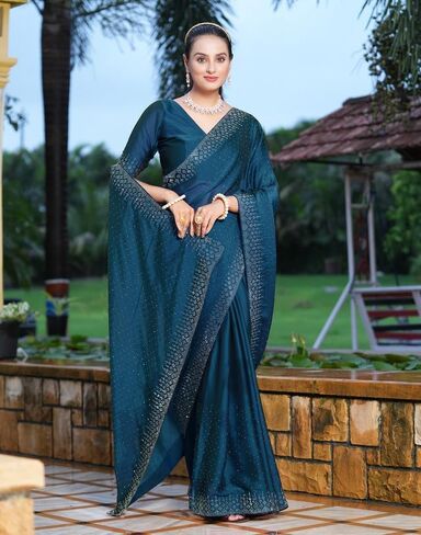 Women's Georgette Dyed & Hot Fixing Saree with Unstitched Blouse Piece in Kuwait