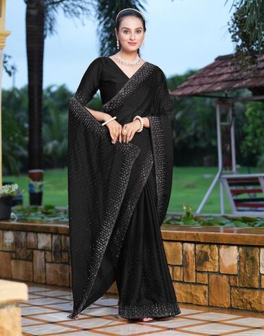 Women's Georgette Dyed & Hot Fixing Saree with Unstitched Blouse Piece in Kuwait
