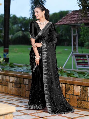 Women's Georgette Dyed & Hot Fixing Saree with Unstitched Blouse Piece in Kuwait