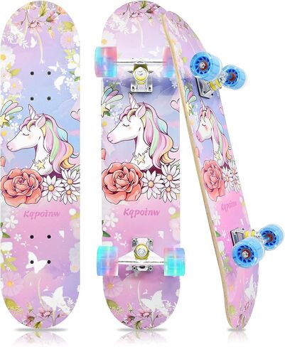 Standard Skateboards with Colorful Flashing Wheels for Beginners, Kids,Teens, 7 Layer Maple Complete Skateboard for Girls Boys, 31" x 7.8" Double Kick Concave Kids skateboard with Skate T-Tool in Saudi Arabia