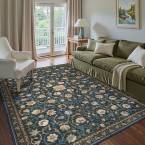 Anidaroel Floral Living Room Rugs 8x10, Washable Large Area Rug for Dining Room Soft Boho Bedroom Rug, Vintage Dark Green Carpet Low Pile Stain Resistant Floor Carpet for Home Office in Kuwait