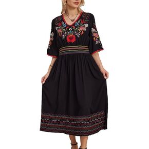 Hgustar Mexican Embroidered Dress for Women Boho Traditional Fiesta Summer Peasant Bohemian Floral Midi Cocktail Dresses in Kuwait