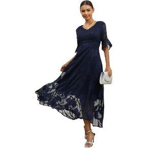 Summer Maxi Dresses for Women 2025 Casual Flutter Sleeve V Neck Cocktail Dress Smocked Elegant Ruffle A-Line Flowy Lace Dress in Saudi Arabia