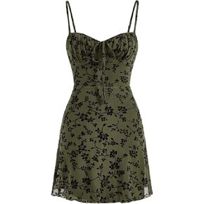 Verdusa Women's Floral Print Short Cami Dress Tie Front Lettuce Trim Mesh Sleeveless A Line Dresses in Kuwait