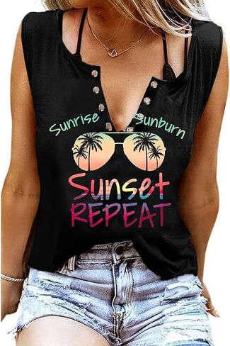 Sunrise Sunburn Sunset Repeat Beach Sleeveless T Shirt Tank Tops Holiday Graphic Women Summer Hawaiian Vacation Top Tees in Saudi Arabia