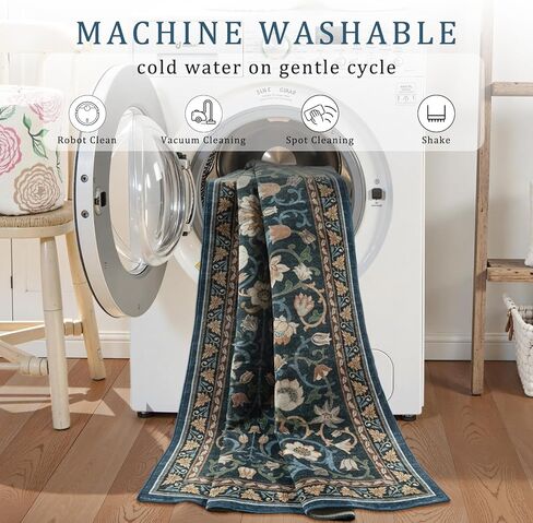 Anidaroel Floral Living Room Rugs 8x10, Washable Large Area Rug for Dining Room Soft Boho Bedroom Rug, Vintage Dark Green Carpet Low Pile Stain Resistant Floor Carpet for Home Office in Kuwait