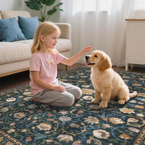 Anidaroel Floral Living Room Rugs 8x10, Washable Large Area Rug for Dining Room Soft Boho Bedroom Rug, Vintage Dark Green Carpet Low Pile Stain Resistant Floor Carpet for Home Office in Kuwait