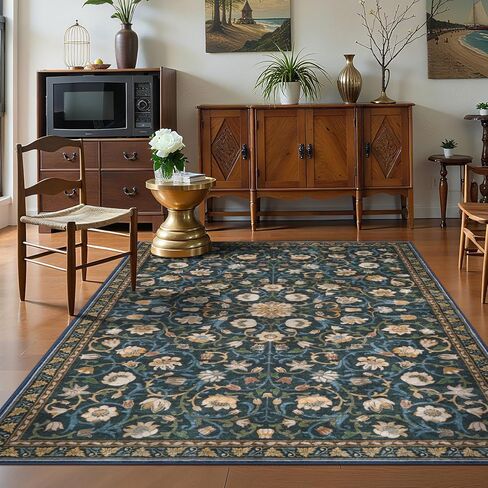 Anidaroel Floral Living Room Rugs 8x10, Washable Large Area Rug for Dining Room Soft Boho Bedroom Rug, Vintage Dark Green Carpet Low Pile Stain Resistant Floor Carpet for Home Office in Kuwait