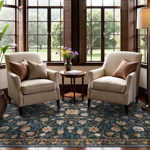 Anidaroel Floral Living Room Rugs 8x10, Washable Large Area Rug for Dining Room Soft Boho Bedroom Rug, Vintage Dark Green Carpet Low Pile Stain Resistant Floor Carpet for Home Office in Kuwait