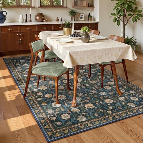 Anidaroel Floral Living Room Rugs 8x10, Washable Large Area Rug for Dining Room Soft Boho Bedroom Rug, Vintage Dark Green Carpet Low Pile Stain Resistant Floor Carpet for Home Office in Kuwait