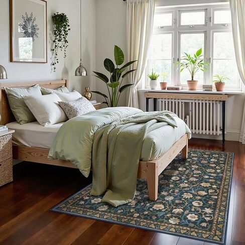 Anidaroel Floral Living Room Rugs 8x10, Washable Large Area Rug for Dining Room Soft Boho Bedroom Rug, Vintage Dark Green Carpet Low Pile Stain Resistant Floor Carpet for Home Office in Kuwait