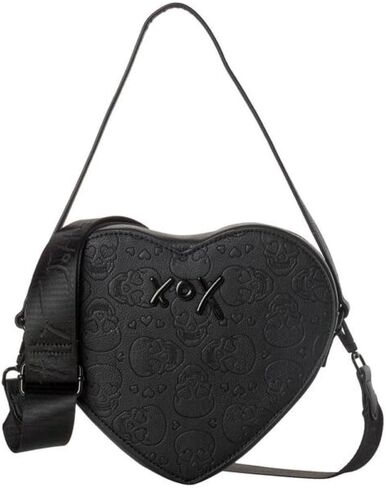 Betsey Johnson Xo Heart في جميع أنحاء جمجمة منقوشة على شكل قلب أسود من الجلد الصغير مقبض صغير مقبض حقيبة الكتف حقيبة كتف in Saudi Arabia