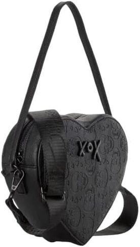 Betsey Johnson Xo Heart في جميع أنحاء جمجمة منقوشة على شكل قلب أسود من الجلد الصغير مقبض صغير مقبض حقيبة الكتف حقيبة كتف in Saudi Arabia
