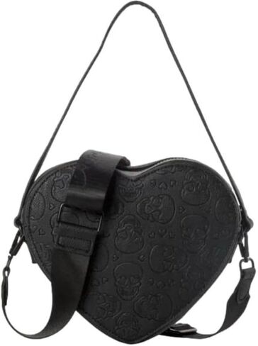 Betsey Johnson Xo Heart في جميع أنحاء جمجمة منقوشة على شكل قلب أسود من الجلد الصغير مقبض صغير مقبض حقيبة الكتف حقيبة كتف in Saudi Arabia