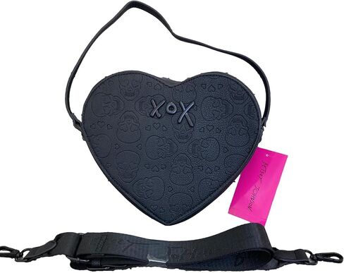 Betsey Johnson Xo Heart في جميع أنحاء جمجمة منقوشة على شكل قلب أسود من الجلد الصغير مقبض صغير مقبض حقيبة الكتف حقيبة كتف in Saudi Arabia