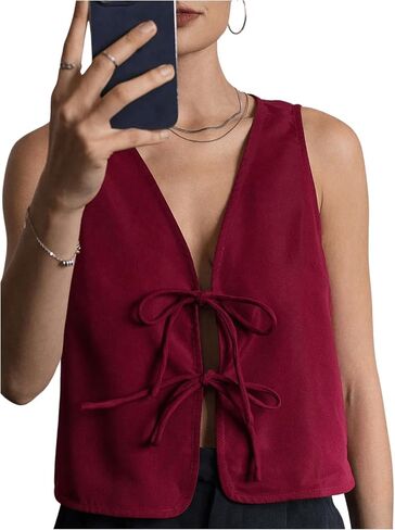 Makemechic Women's Bow Tie Brity Fest V Vest v Neck Summeress Stest Stest in Saudi Arabia