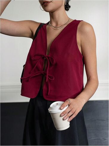 Makemechic Women's Bow Tie Brity Fest V Vest v Neck Summeress Stest Stest in Saudi Arabia