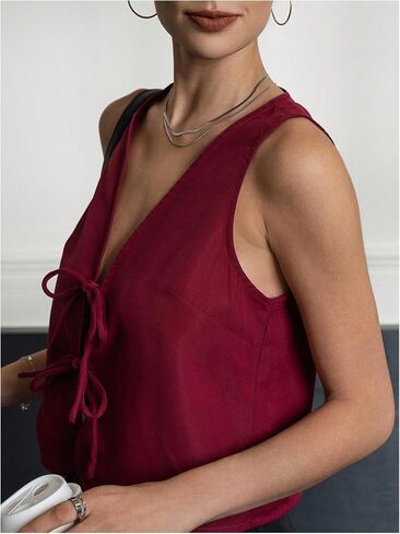 Makemechic Women's Bow Tie Brity Fest V Vest v Neck Summeress Stest Stest in Saudi Arabia