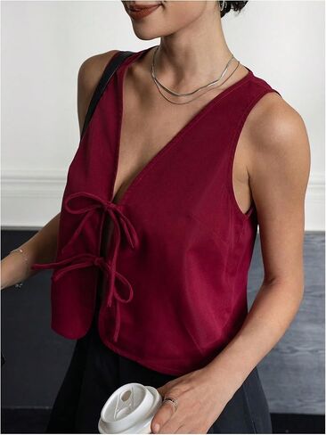 Makemechic Women's Bow Tie Brity Fest V Vest v Neck Summeress Stest Stest in Saudi Arabia