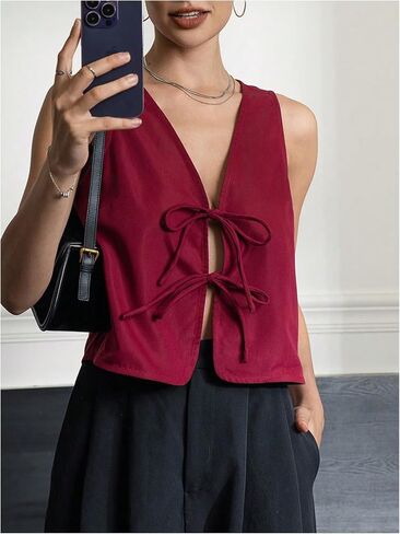 Makemechic Women's Bow Tie Brity Fest V Vest v Neck Summeress Stest Stest in Saudi Arabia