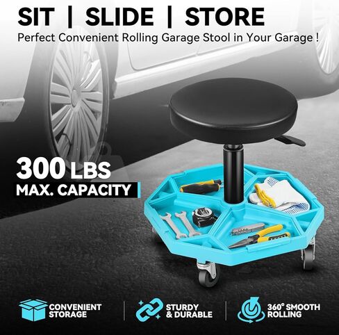 Auto Dynasty Mechanic Stool, Adjustable Rolling Pneumatic Creeper Garage Shop Seat with Tool Tray, 300 LBS Roller Seat for Workshop Auto Repair, Adjustable Height 15.7" to 21", Black/Red in Kuwait