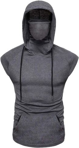 Mens Face_Cover Button Sports Sleeveless/Short/Long Sleeve Vest Hooded Splice Large Open-Forked Male Tank Tops Shirt Blouse in Saudi Arabia