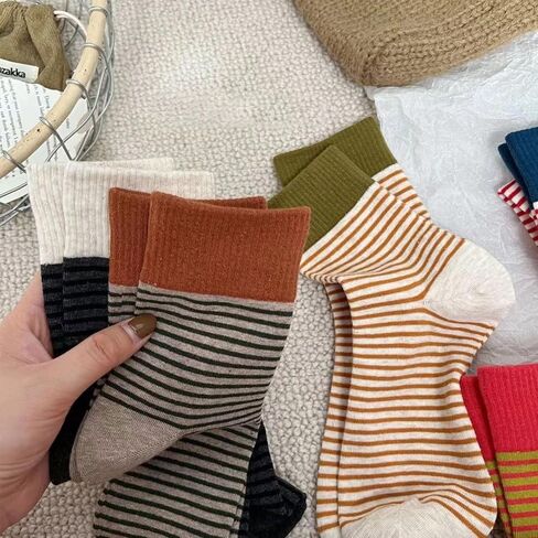 5 Pairs Retro Striped Socks for Women, Cute Athletic Aesthetic Socks, Vintage Cotton Ankle Sock in Saudi Arabia