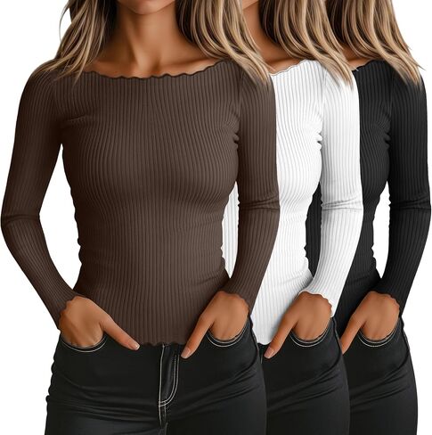 RIYIPER 3 Pack Long Sleeve Stirts Libbed Cotton Boat Dev Tops Lettuce Trim Underscrub Slim Fit Tees Basic Basic in Kuwait