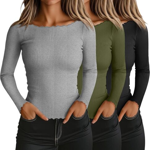 RIYIPER 3 Pack Long Sleeve Stirts Libbed Cotton Boat Dev Tops Lettuce Trim Underscrub Slim Fit Tees Basic Basic in Kuwait