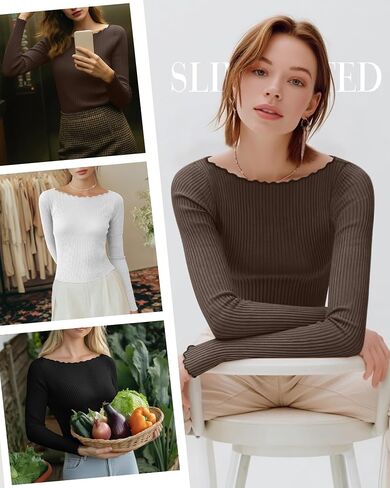 RIYIPER 3 Pack Long Sleeve Stirts Libbed Cotton Boat Dev Tops Lettuce Trim Underscrub Slim Fit Tees Basic Basic in Kuwait