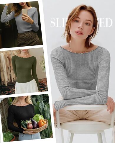 RIYIPER 3 Pack Long Sleeve Stirts Libbed Cotton Boat Dev Tops Lettuce Trim Underscrub Slim Fit Tees Basic Basic in Kuwait