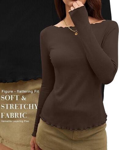 RIYIPER 3 Pack Long Sleeve Stirts Libbed Cotton Boat Dev Tops Lettuce Trim Underscrub Slim Fit Tees Basic Basic in Kuwait