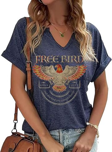 Women's Vintage Rock Band T-Shirt/Free Bird Eagle Graphic Tees/Country Concert Music Short Sleeve Shirts Tops in Saudi Arabia