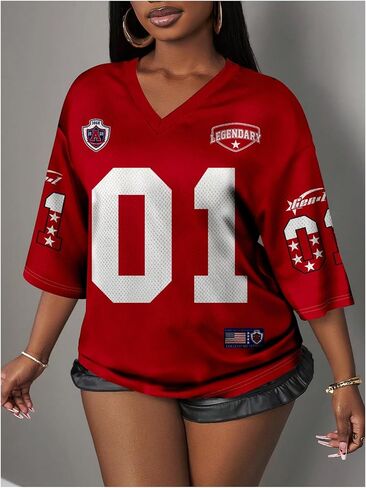 قميص القميص الضخم للسيدات WDIRARA GRAPHIC TEE V NECK HALD SLEEVE TOPS TOPS RED MEDENT in Saudi Arabia