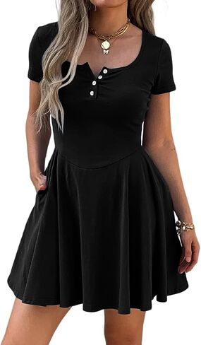 نساء صيف مربع الرقبة فساتين صغيرة زر أسفل إسقاط الخصر تي شيرت فستان قصير الأرجوحة sundress مع جيوب in Kuwait