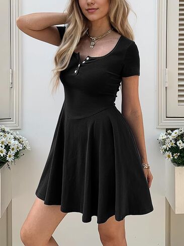 نساء صيف مربع الرقبة فساتين صغيرة زر أسفل إسقاط الخصر تي شيرت فستان قصير الأرجوحة sundress مع جيوب in Kuwait