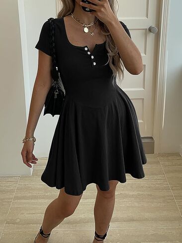 نساء صيف مربع الرقبة فساتين صغيرة زر أسفل إسقاط الخصر تي شيرت فستان قصير الأرجوحة sundress مع جيوب in Kuwait